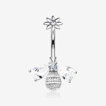 Flower Sparkle Honey Bee Internally Threaded Belly Button Ring-Clear Gem